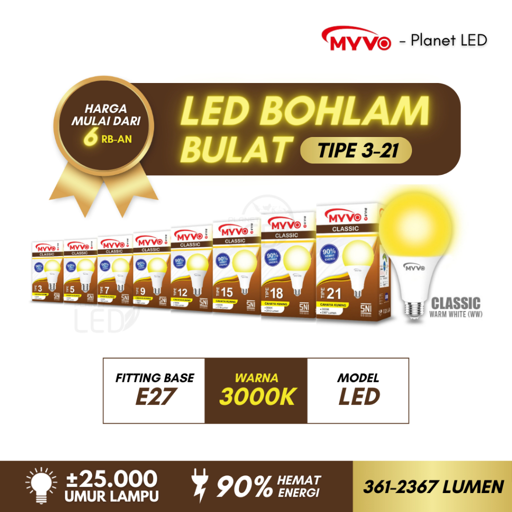 Jual Lampu Led Bohlam Bulat Kuning Tipe Watt Myvo