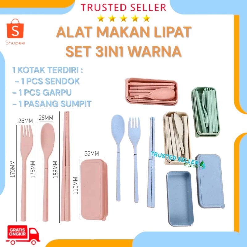 Jual ALAT MAKAN LIPAT SET 3IN1 SENDOK GARPU SUMPIT JERAMI PLASTIK