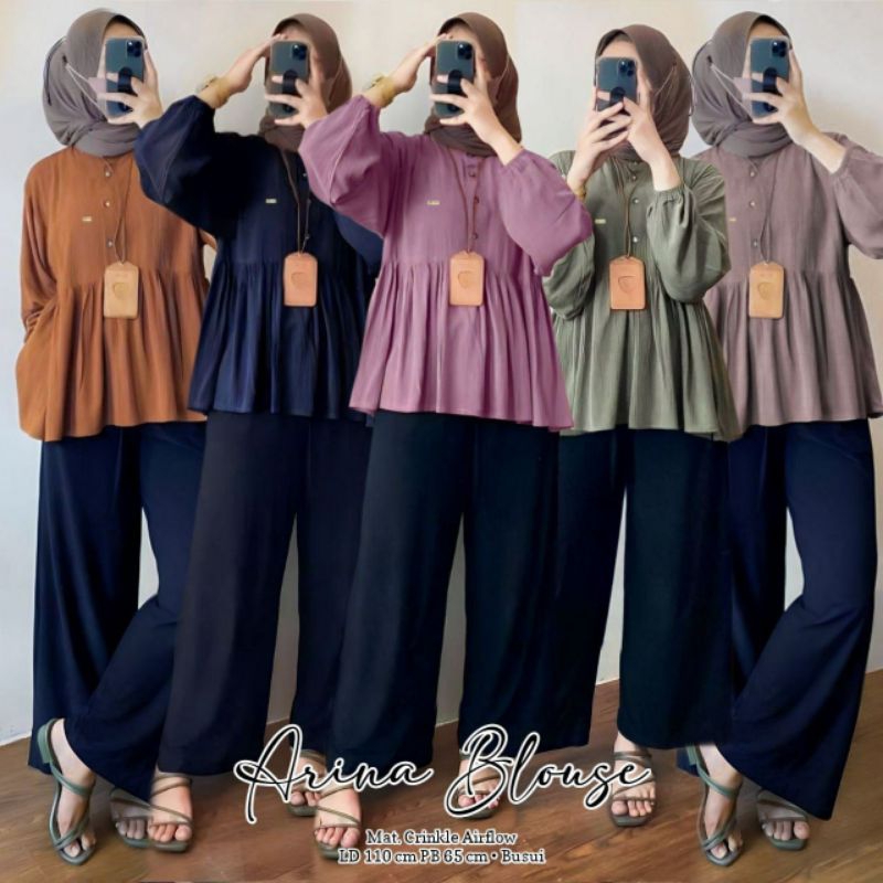 Jual Blouse Arina Crinkle Kemeja Wanita Polos Rampel Viral Kekinian