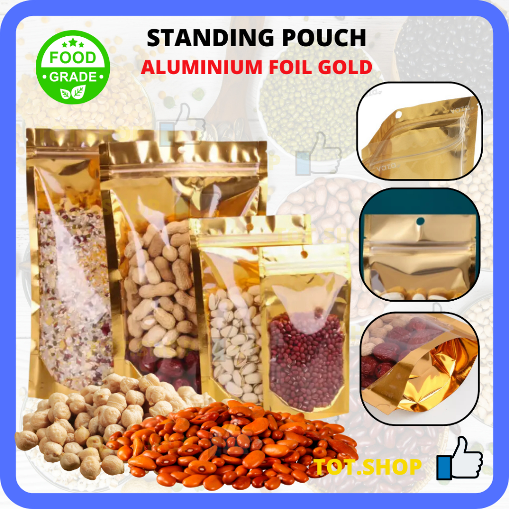 Jual 1 LBR GOLD Standing Pouch Plastik Klip Aluminium Gold Kombinasi