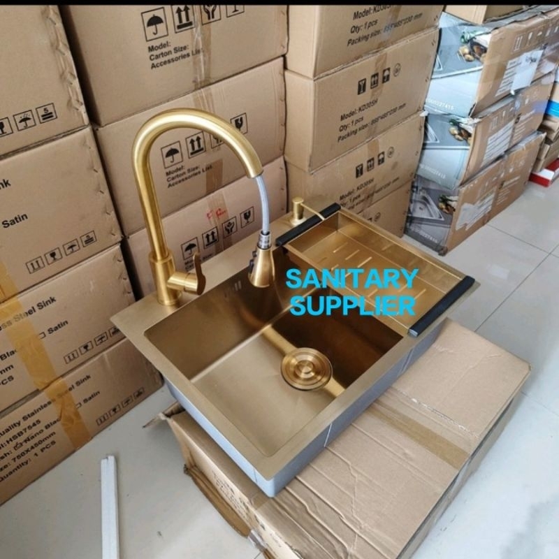 Jual Kitchen Sink 6045 Gold Lengkap Kran Flexible Kran Tarik Kran Pipa