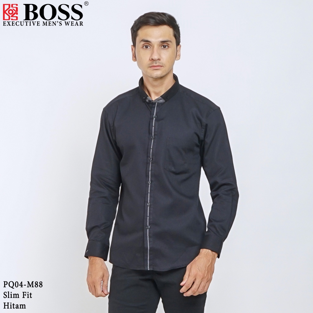 Jual BOSS Kemeja Polos Pria Cotton Pique Kombinasi List Tengah Lengan