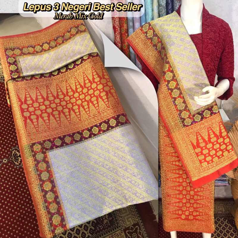 Jual Songket Lepus Negeri Best Seller Merah Mix Gold Asli Tenun