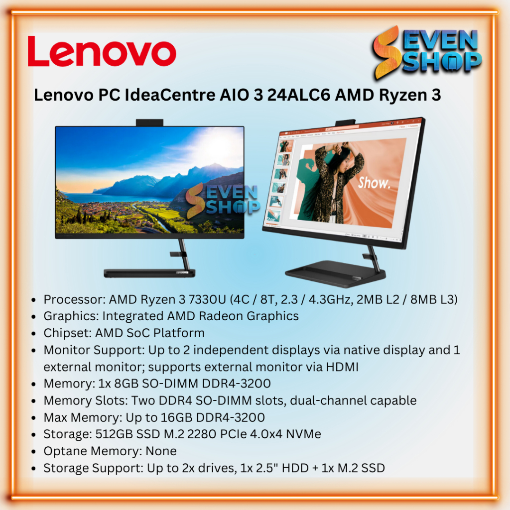 Jual Lenovo PC IdeaCentre AIO 3 24ALC6 AMD Ryzen 3 7330U Win11 Home 8GB