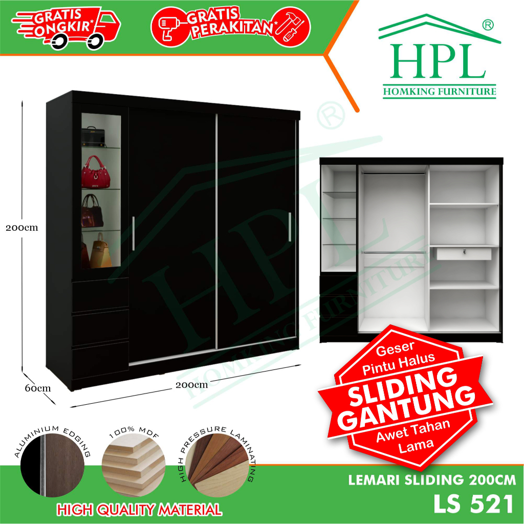 Jual Homking Lemari Pakaian Sliding Hpl Hitam Glossy Shopee Indonesia