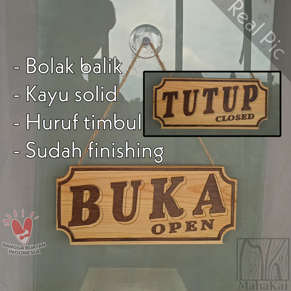 Jual Tulisan Buka Tutup Tanda Bolak Balik Kayu Gantung Open Closed