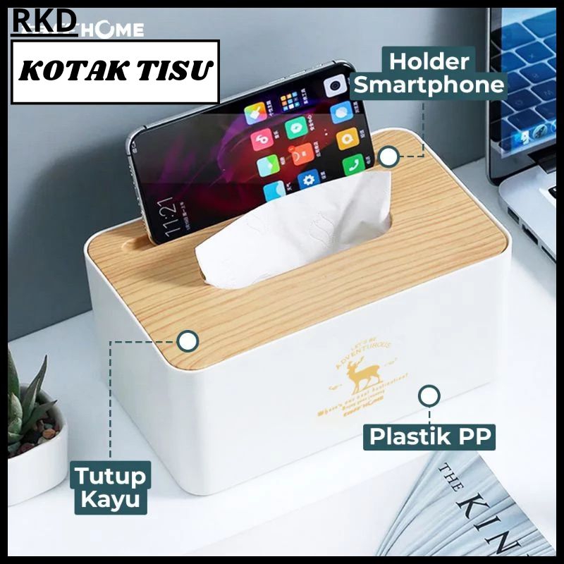 Jual Tempat Tisu Estetik Kotak Tisu Kayu Dengan Holder Smartphone