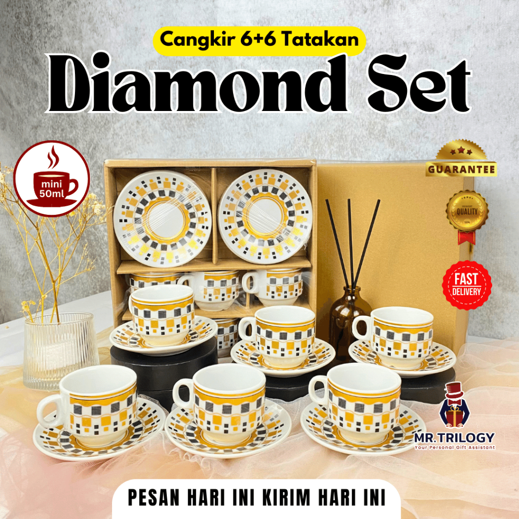 Jual Cangkir Set Tatakan Keramik Gold Diamond Hampers Gelas Souvenir