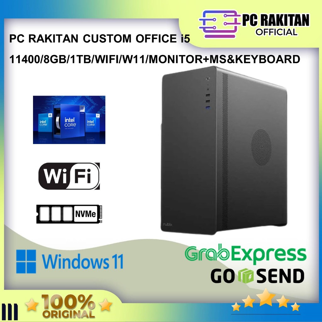 Jual PC RAKITAN CUSTOM OFFICE I5 11400 8GB 1TB WIFI W11 MONITOR MS