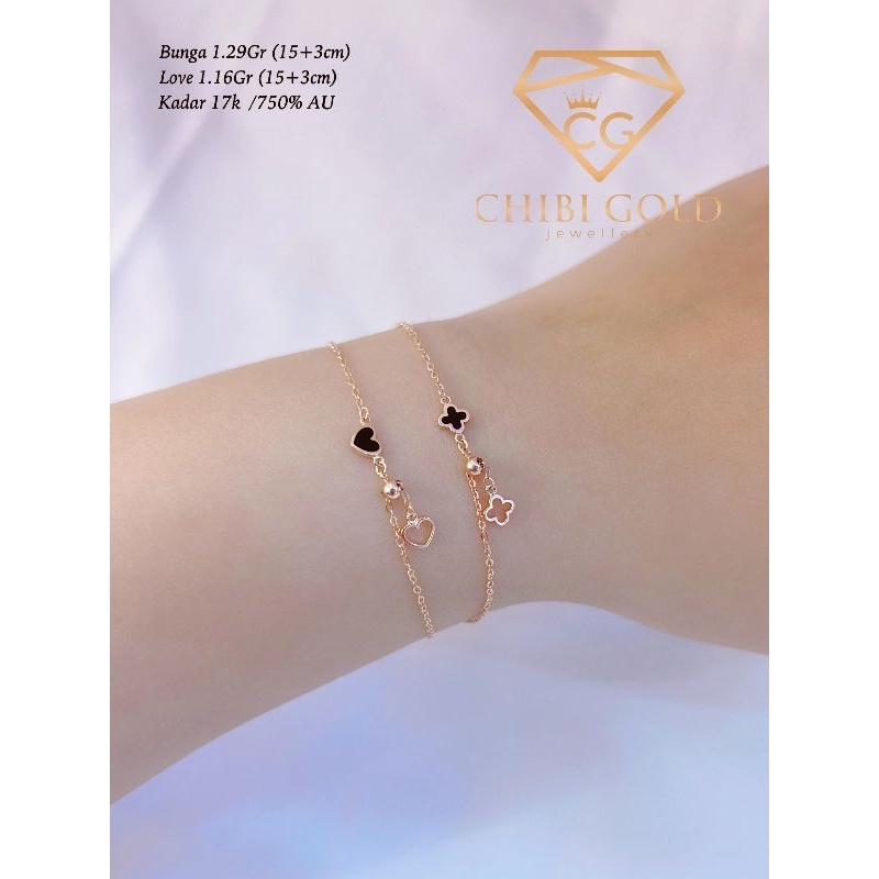 Jual CHIBI GOLD Gelang Tangan Italy Au Serut Bunga Dan Love Emas 750