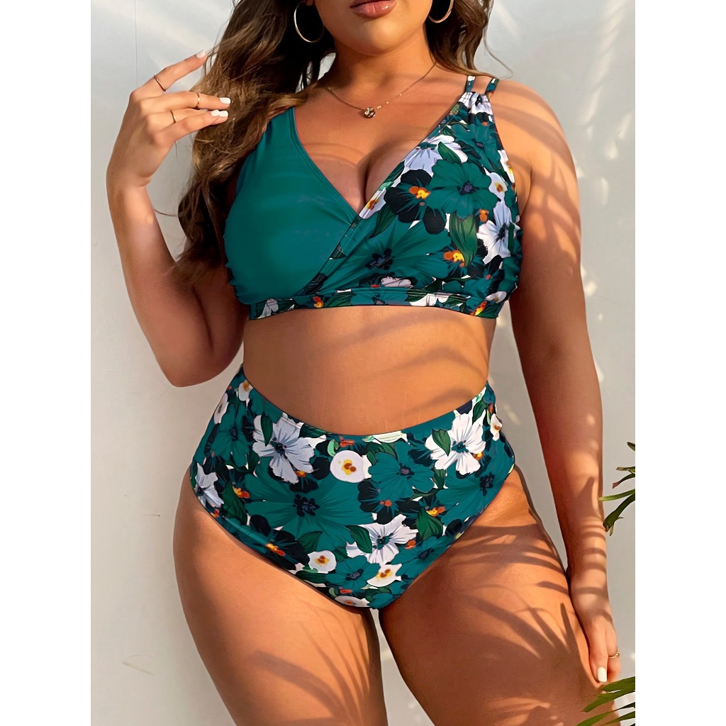 Jual Bikini Jumbo Big Size Two Piece Set Green Flower Print V Neck