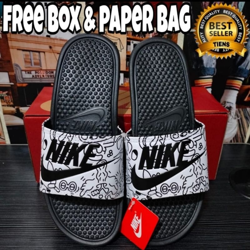 Jual Sandal Premium Slop Nikee Benassi Selop Hitam Doodle Putih Pria