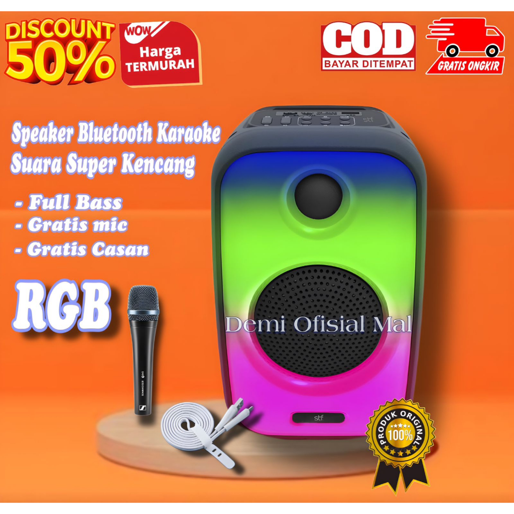 Jual Speaker Bluetooth Lampu RGB Karaoke Portable Gratis Mic Full Bass