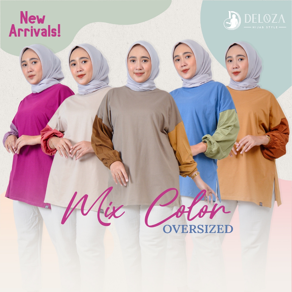 Jual Kaos Oversized Wanita Mix Color Campur Warna Tricolor Lengan Balon