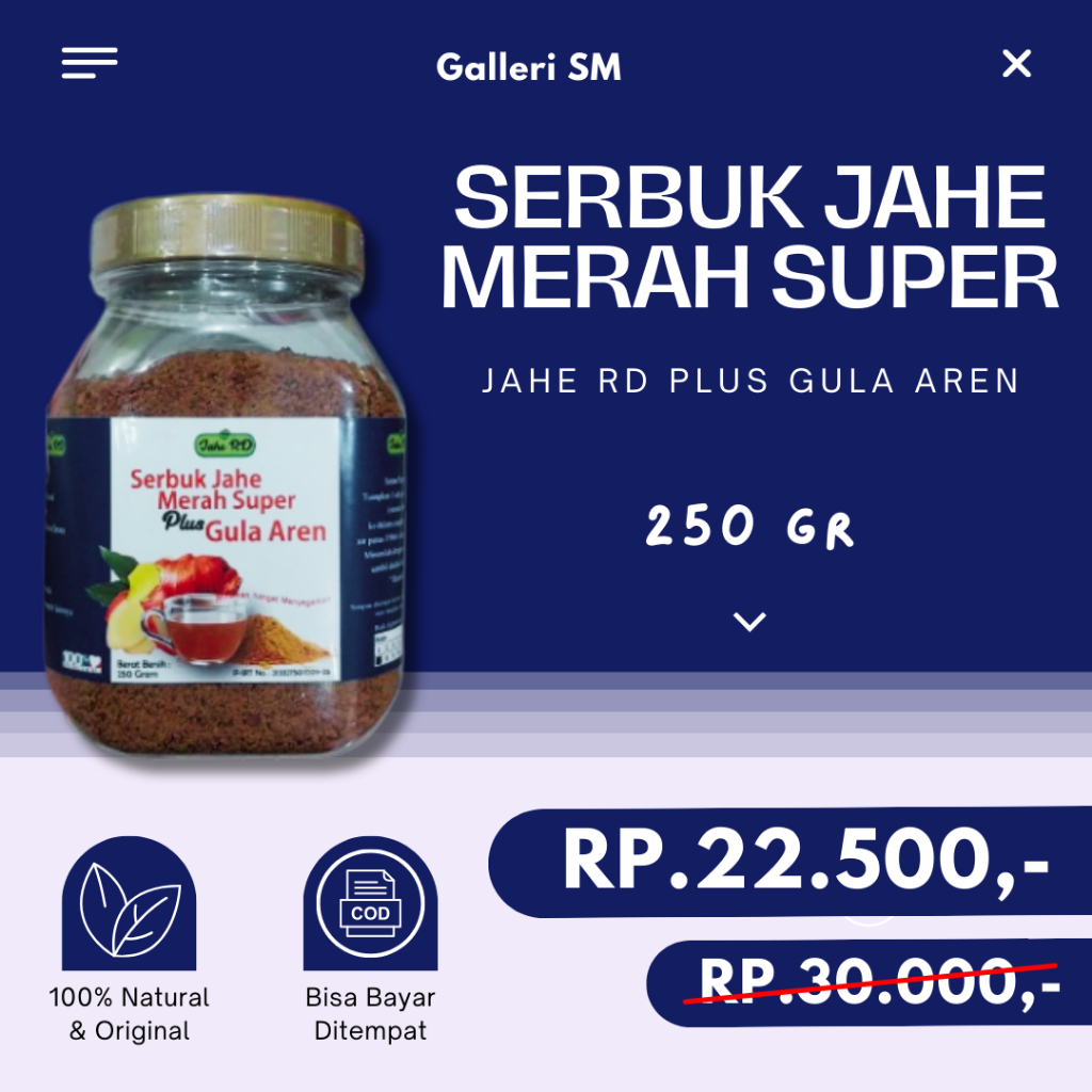 Jual Serbuk Jahe Merah Super Plus Gula Aren 250 Gr RD Minuman Herbal