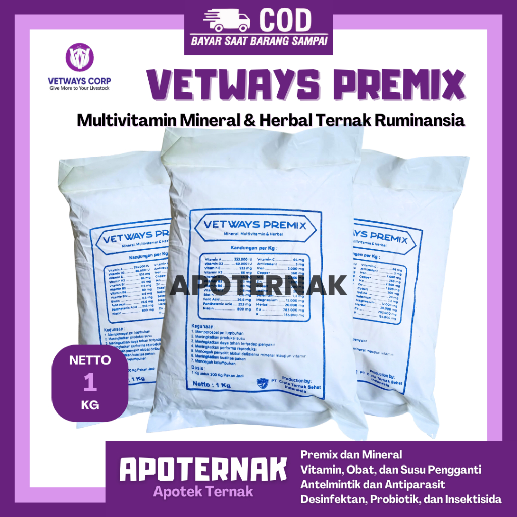 Jual VETWAYS PREMIX 1 Kg Vitamin Mineral Herbal Penggemuk Untuk