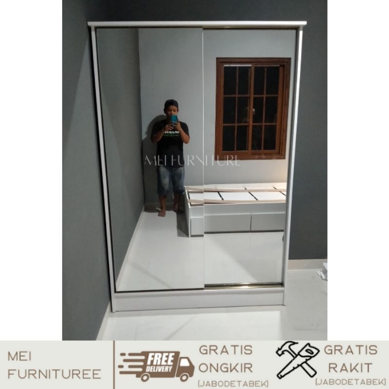 Jual Lemari Pakaian 2 Pintu Sliding Door Full Cermin Frameless 120x180