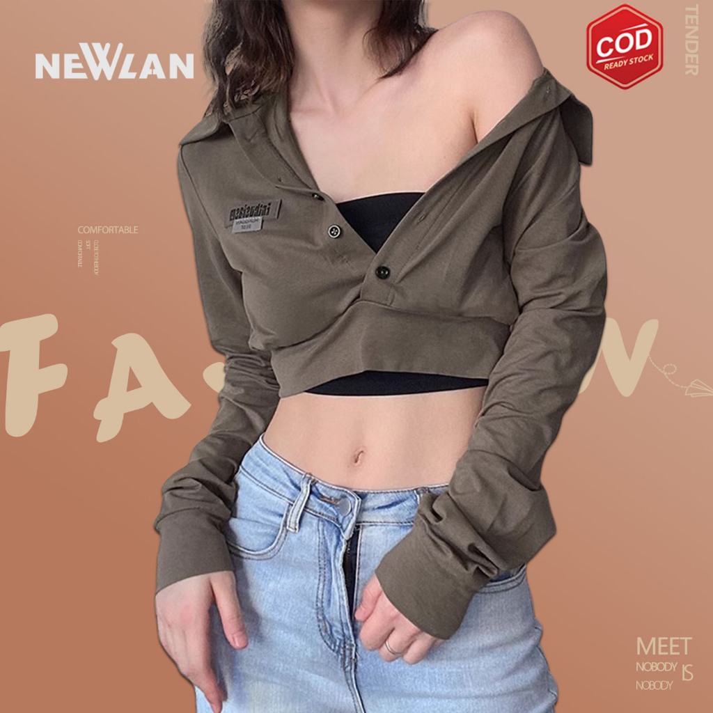 Jual Newlan Wt Crop Top Serut Lengan Panjang Kemeja Kerut Rib