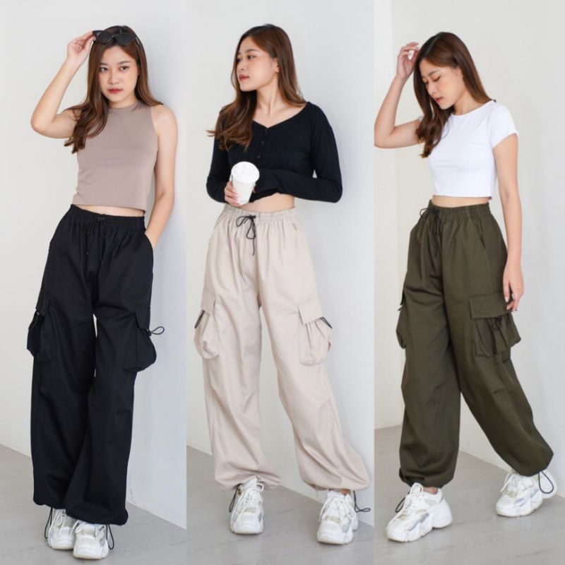 Jual Kiya Cargo Pants Wanita Highwaist Loose Korean Style Jumbo