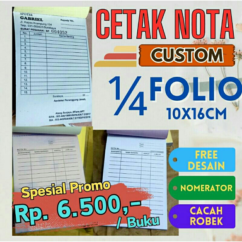 Jual CETAK NOTA BON CUSTOM TOKO PENJUALAN 2 RANGKAP 1 4 FOLIO 10 5X16