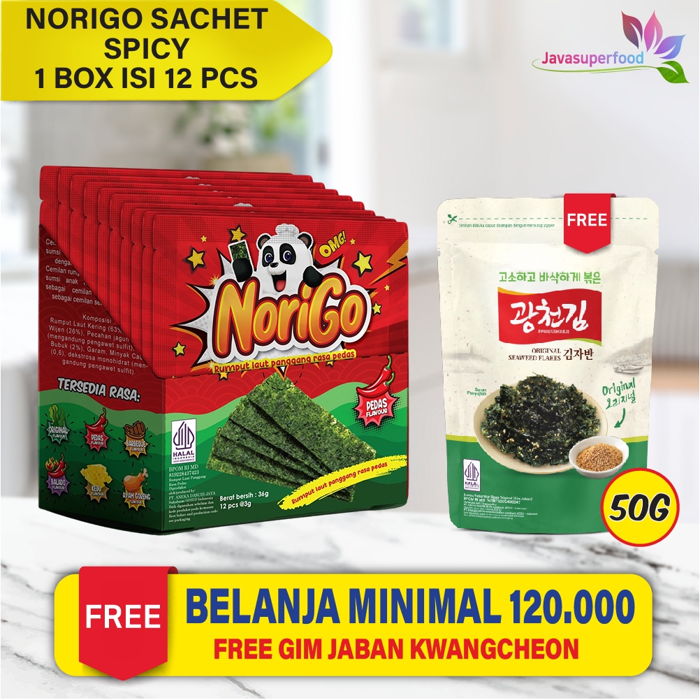 Jual Norigo 1 BOX ISI 12 PCS Nori Sachet Spicy Seaweed Snack 3g