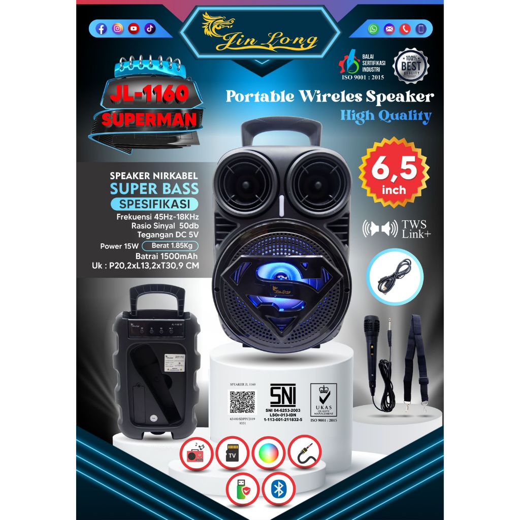 Jual SPEAKER WIRELESS BLUETOOTH JINLONG JL 1160 SUPERMAN USB SPEAKER