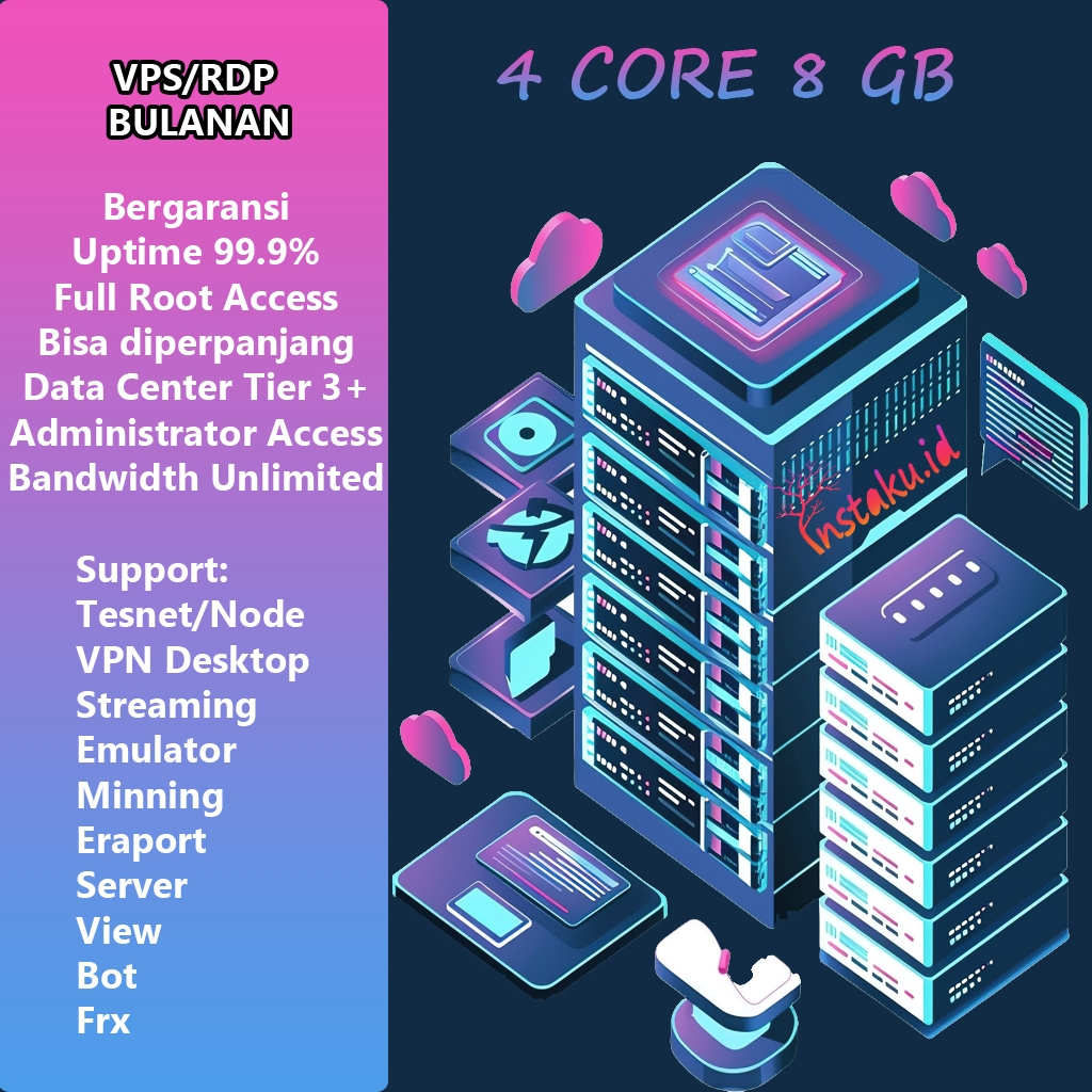 Jual RDP VPS Bulanan 4 Core Ram 8 GB Windows Full Admin Bergaransi