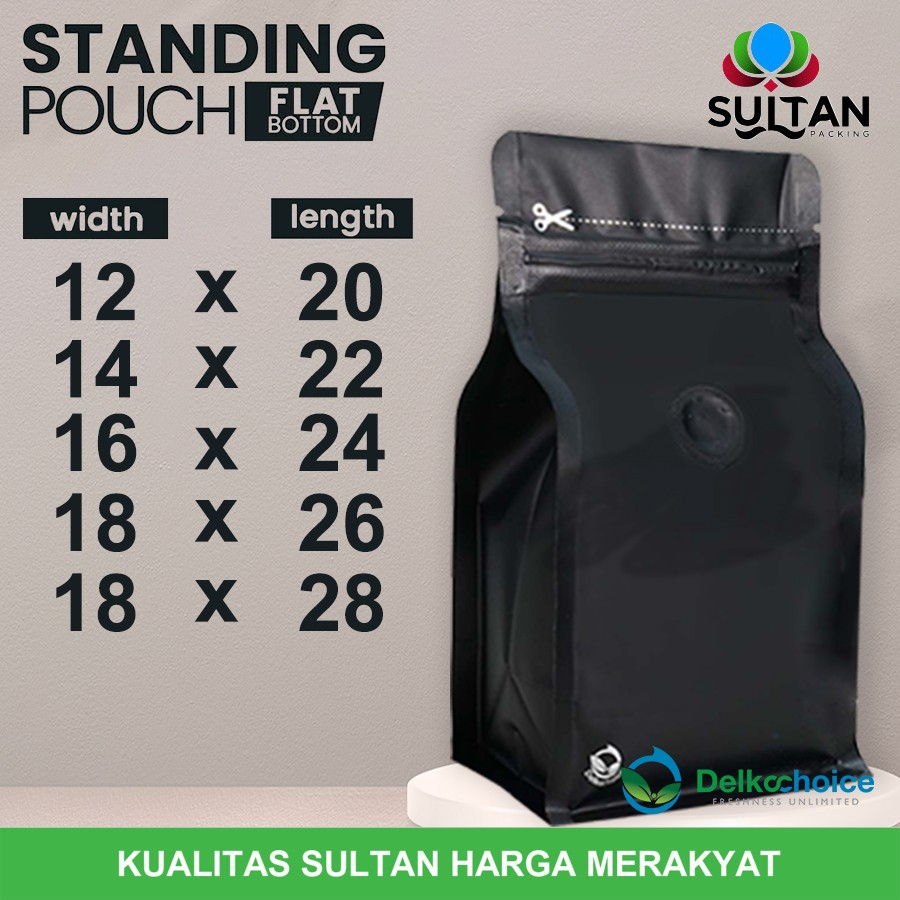 Jual STANDING POUCH HITAM FLAT BOTTOM VALVE KEMASAN KOPI BUNGKUS