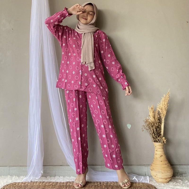 Jual COD One Set Rayon Polka Ring Piyama Rayon Pajamas Katun