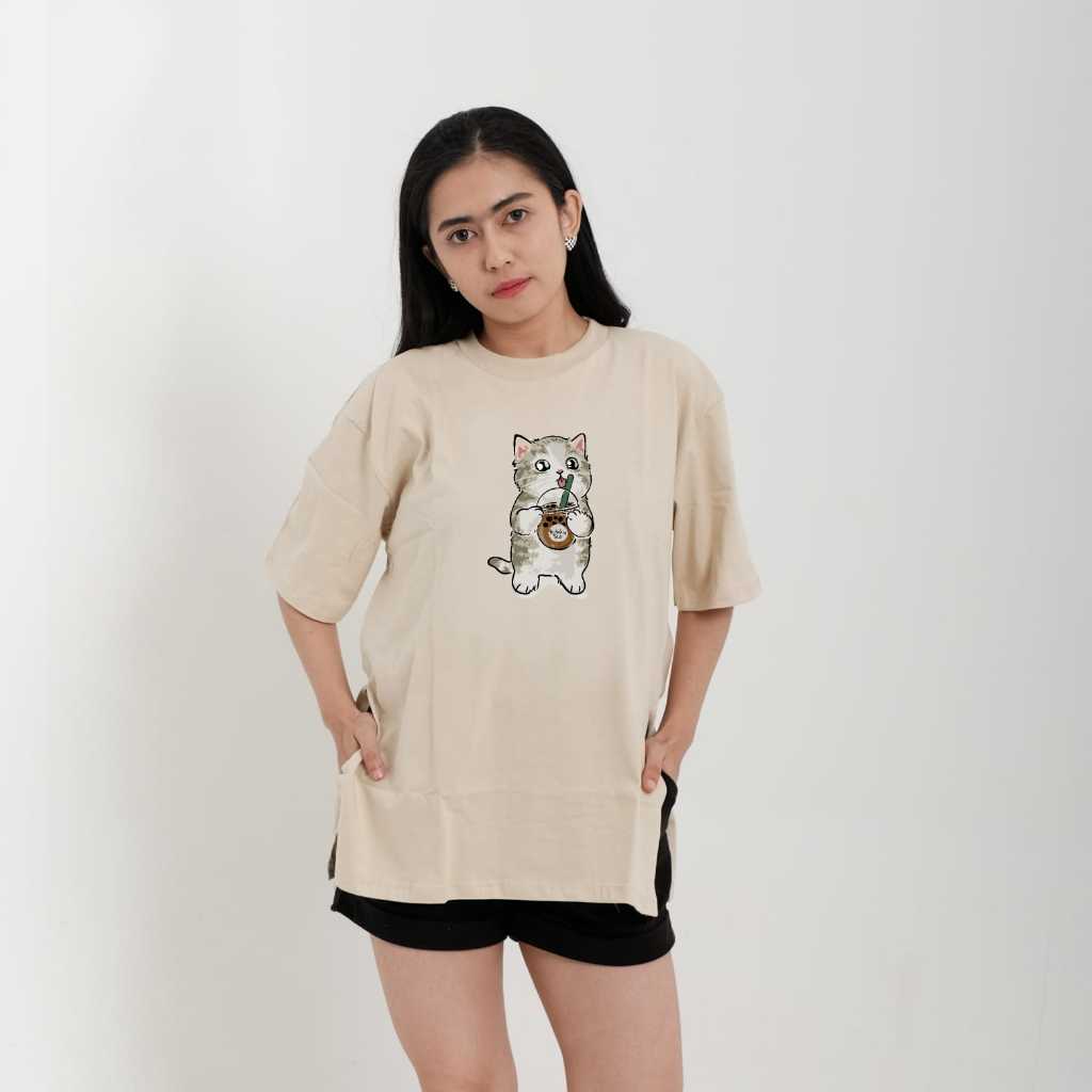 Jual KAOS OVERSIZE WANITA HIGH SLIT BELAH SAMPING WITH CUTES CAT COTTON