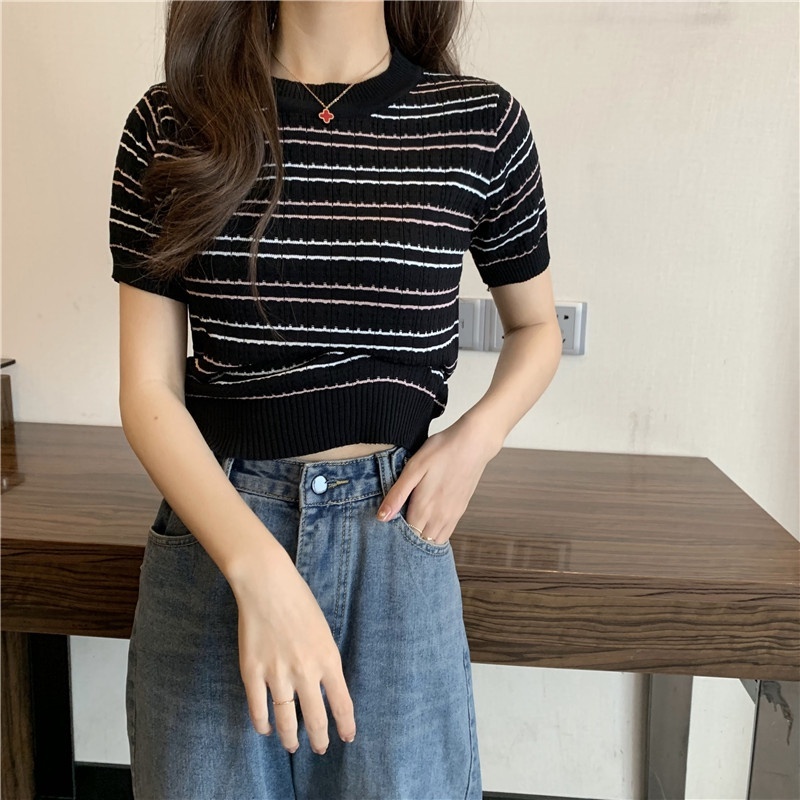 Jual Rajut Knit Wanita Korea Style Stripe Crop Top Lengan Panjang