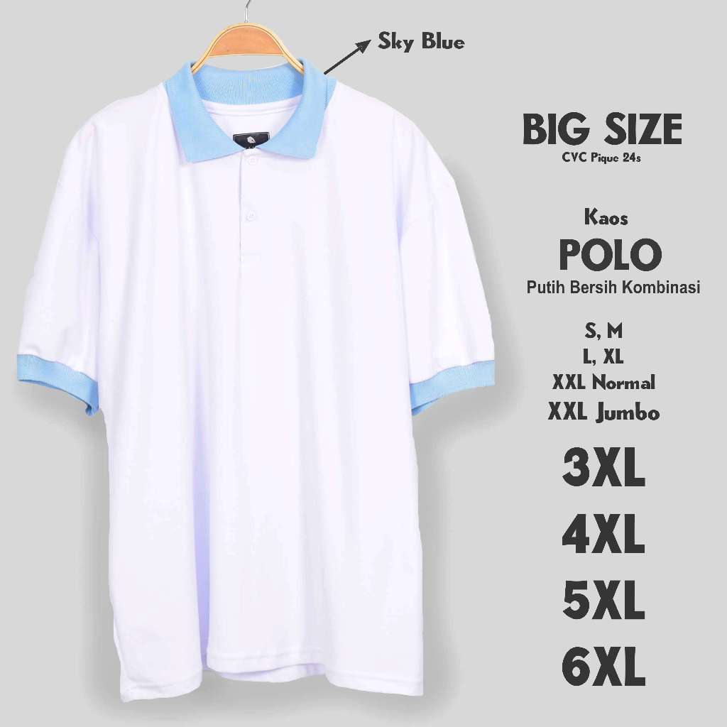 Jual Kaos Polo Jumbo Putih Bersih Kombinasi Sky Blue Big Pria Size S M