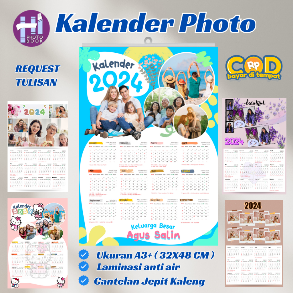 Jual Cetak Kalender Dinding Custom Foto 2024 Free Desain Bisa Request