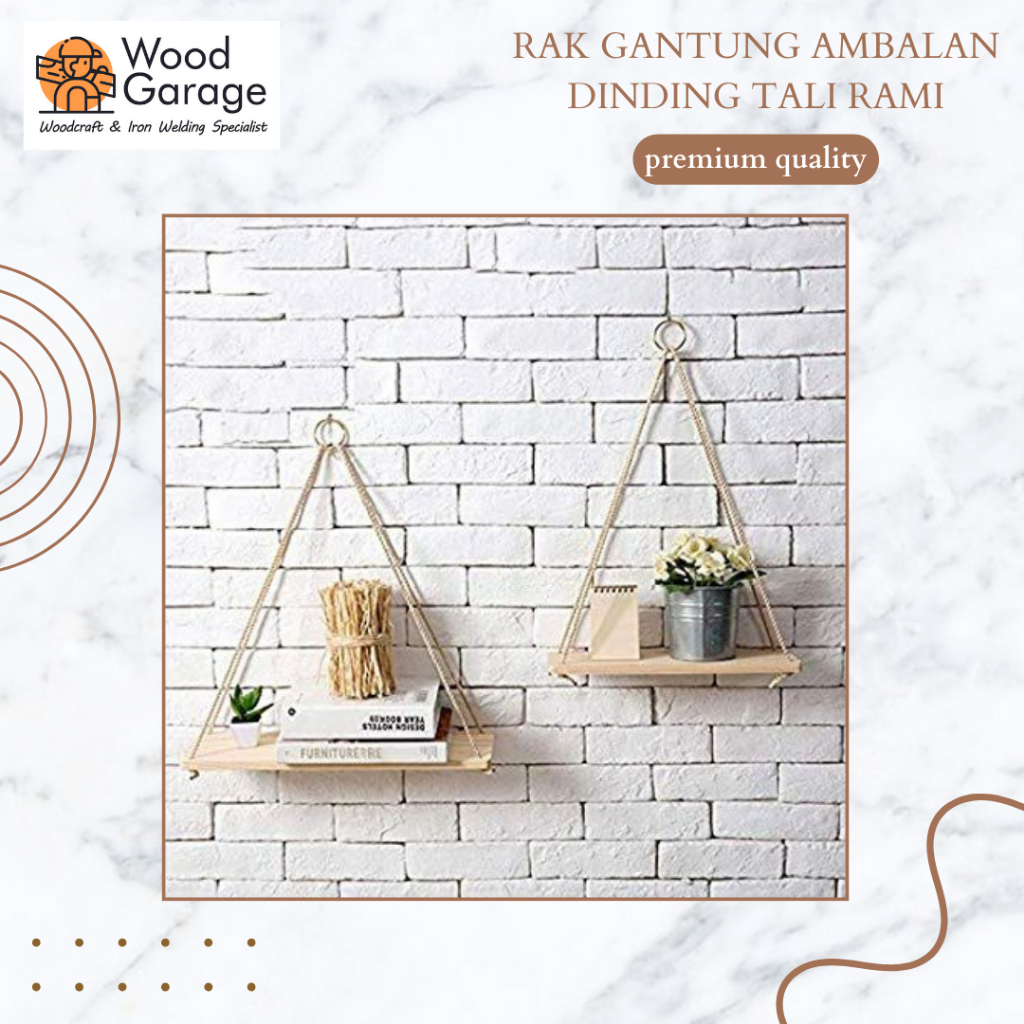 Jual Rak Gantung Ambalan Dinding Tali Rami Hiasan Dinding Kayu Rustic