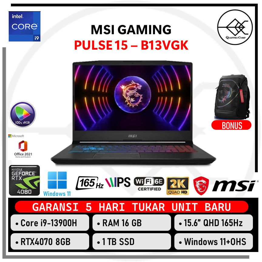 Jual MSI PULSE 15 RTX4070 8GB Core I9 13900H 16GB 1TB SSD Win11 OHS 15