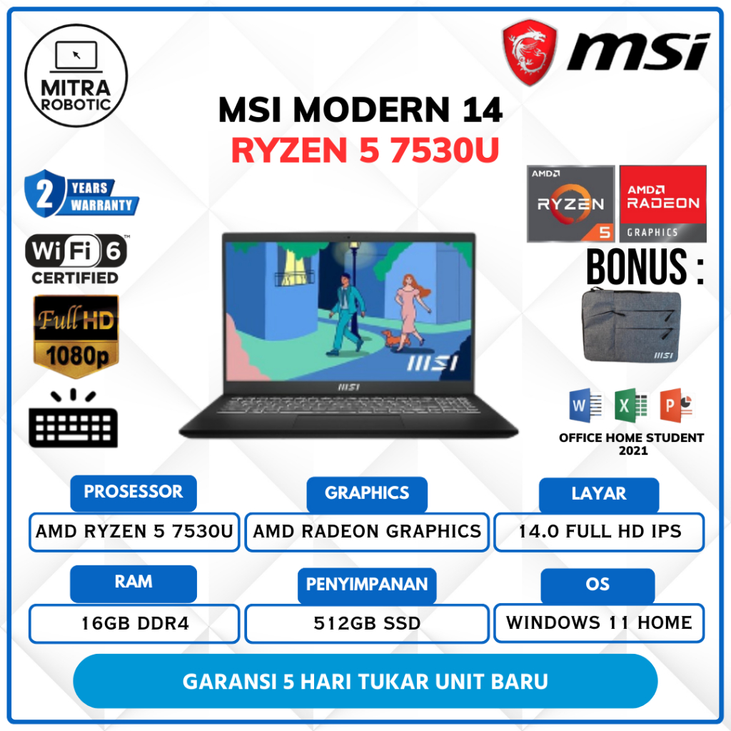 Jual Laptop MSI Modern 14 Ryzen 5 7530U 16Gb 512Gb Win11 Office 14 0