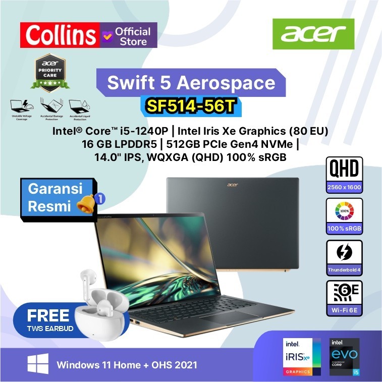 Jual Acer Swift 5 Aerospace SF514 56T Core I5 1240P RAM 16G SSD 512GB