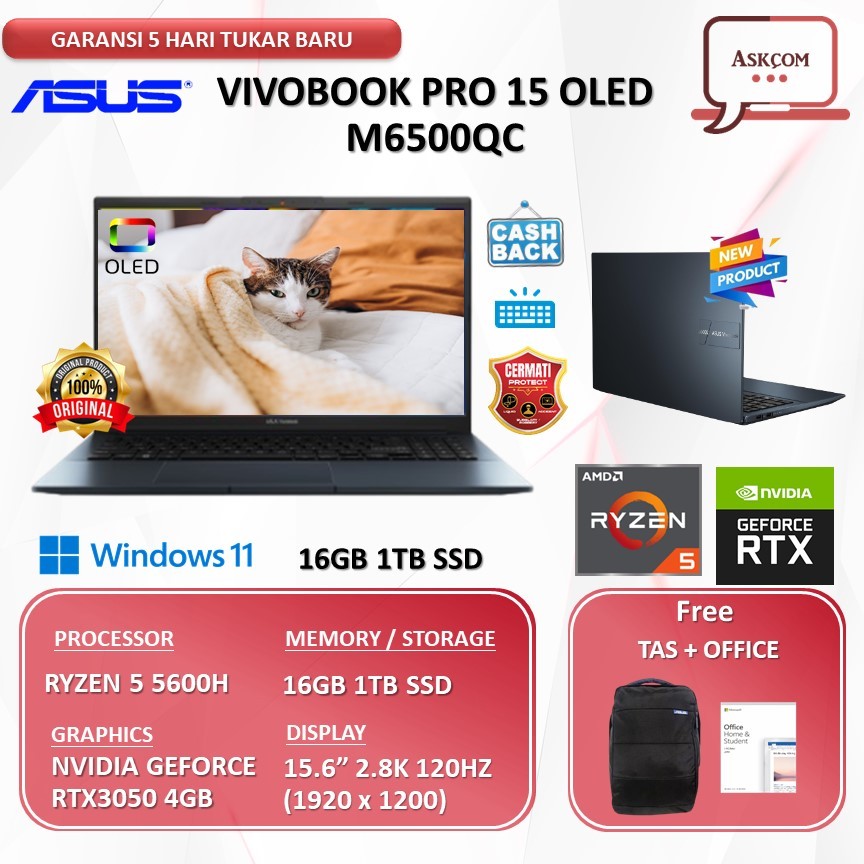 Jual Asus Vivobook Pro 15 Oled M6500QC RYZEN 5 5600H RTX3050 4GB 32GB