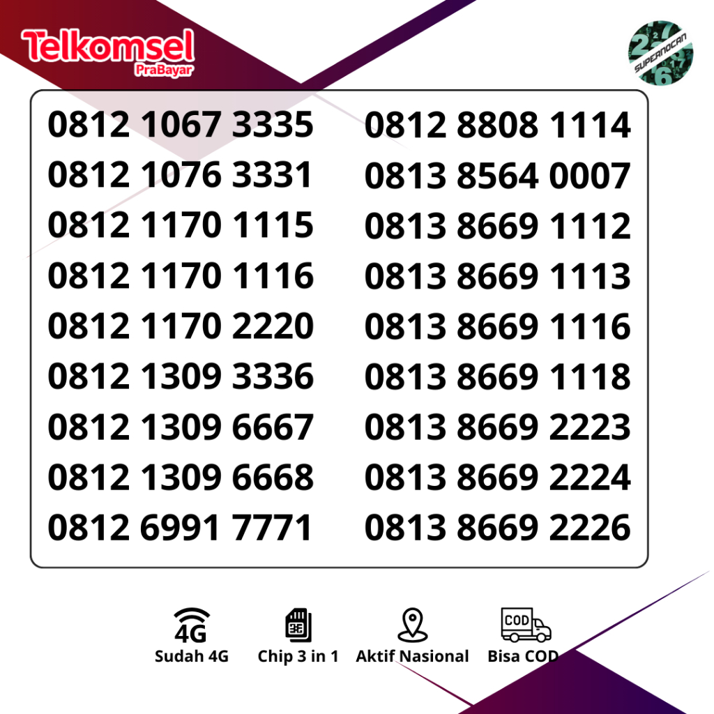 Jual NOMOR CANTIK SIMPATI TELKOMSEL PRABAYAR TRIPLE RAPIH 4G Ready