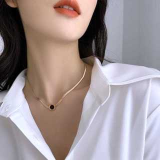 Jual Kalung Titanium Anti Karat Wanita Liontin Bulat Hitam Rantai Pipih