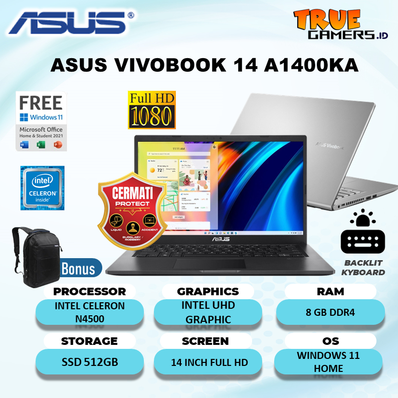 Jual Laptop Asus Vivobook A1400KA Intel N4500 Ram 8GB Ssd 512GB Windows