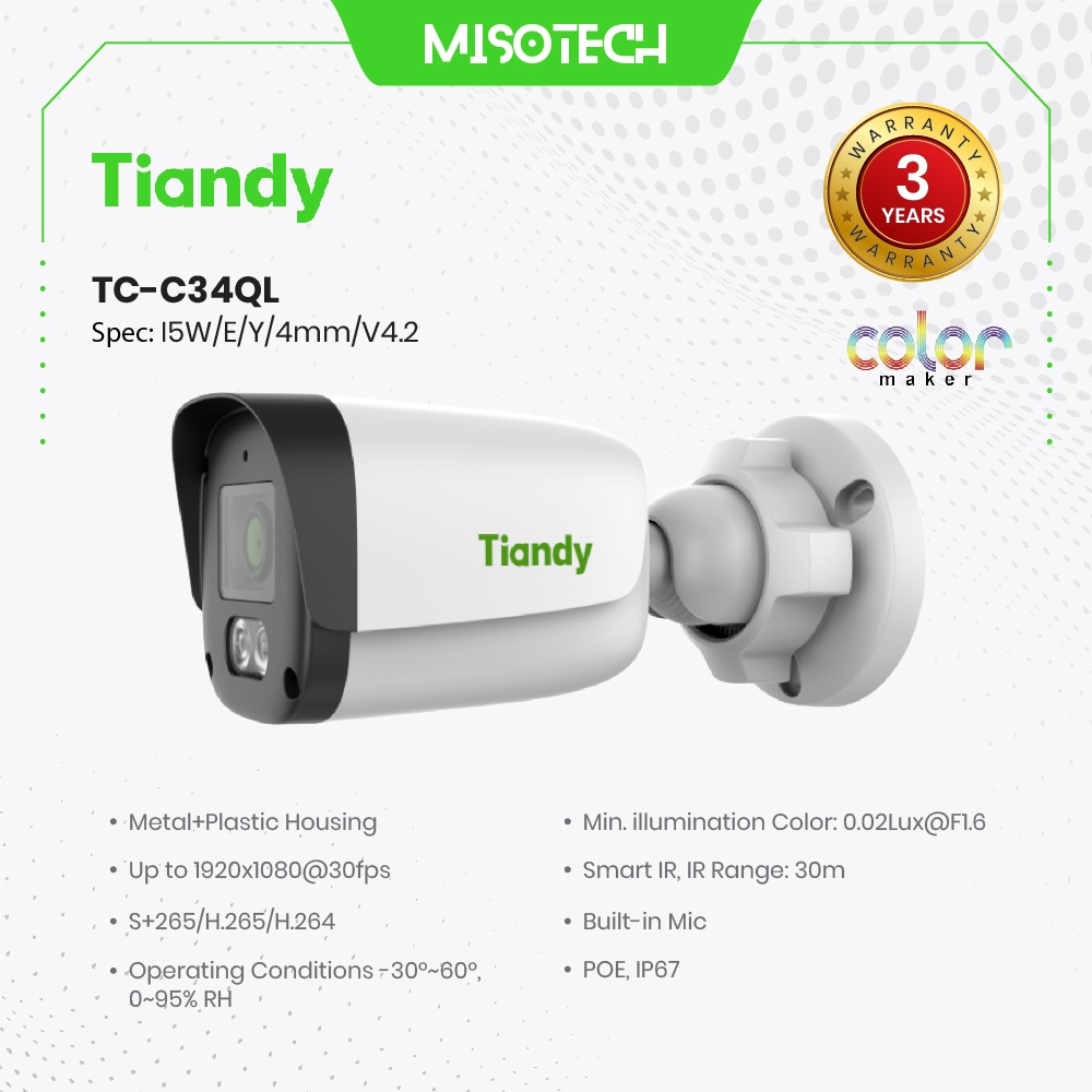 Jual Kamera CCTV Tiandy TC C34QL 4MP IP Outdoor PoE IP67 Audio Color