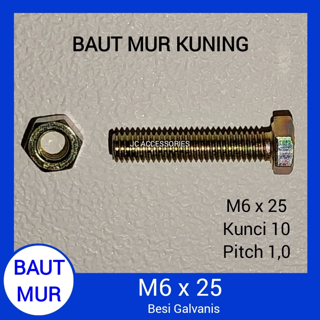 Jual BAUT MUR KUNING M6 X 25 KUNCI 10 PITCH 1 0 BMK M6x25 BAUT MUR