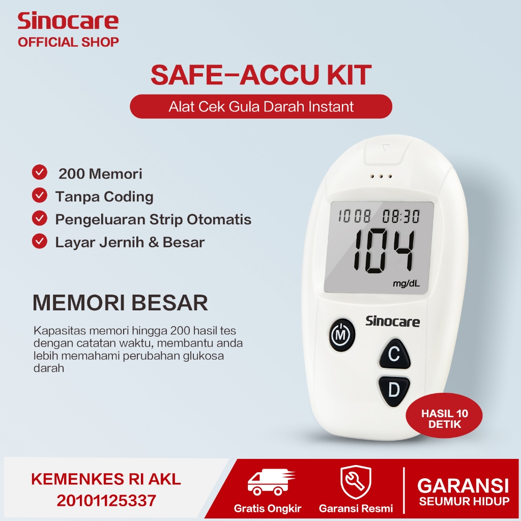 Jual Alat Ukur Cek Gula Darah Instant Sinocare Safe Accu Memori