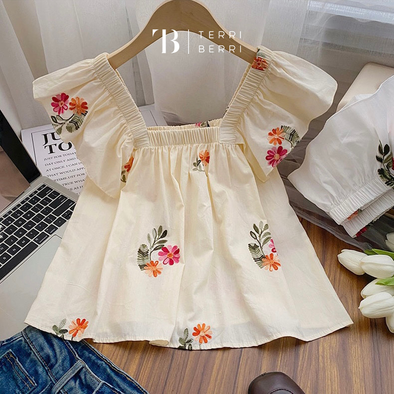 Jual Da Kyung Ruffle Top Floral Blouse Korea Bordir Embroidery Motif