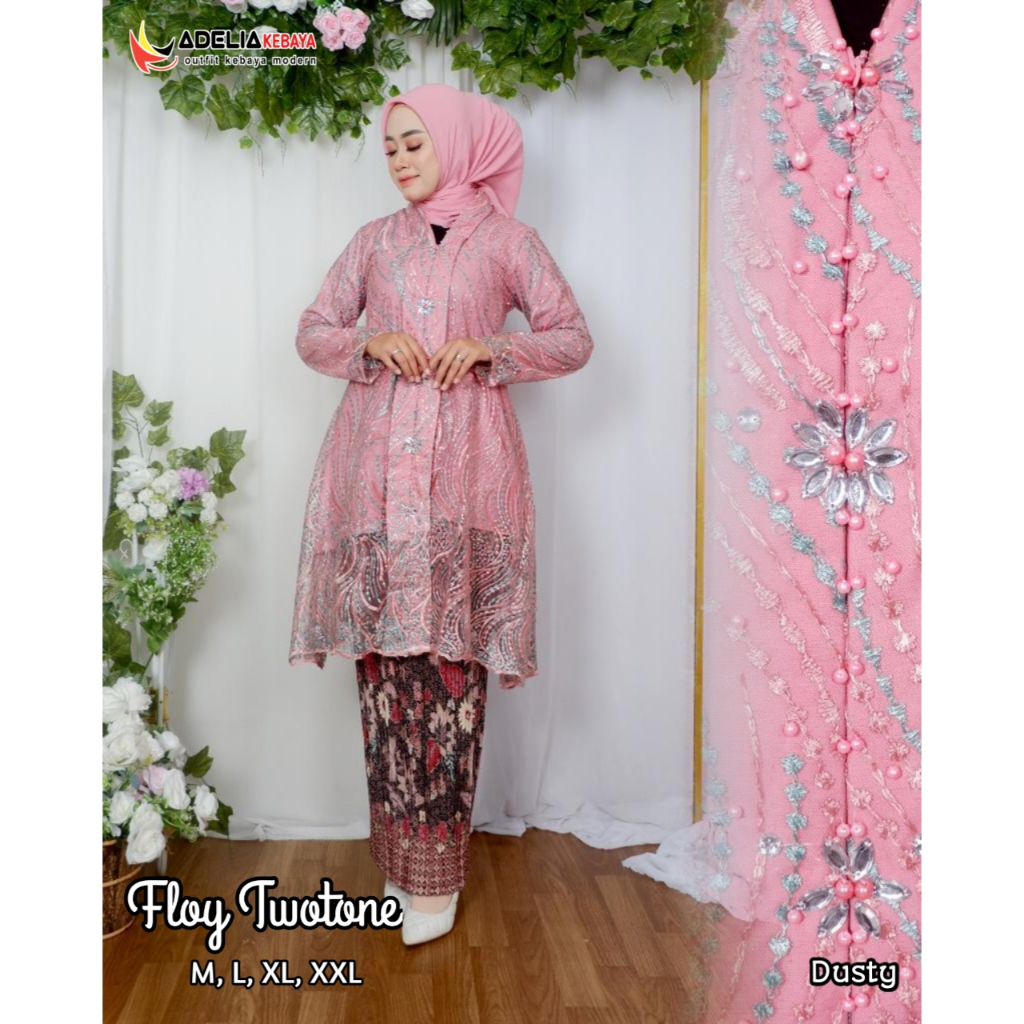 Jual Setelan Kebaya Tunik Floy Twotone Berbahan Tulle Bordir Dengan