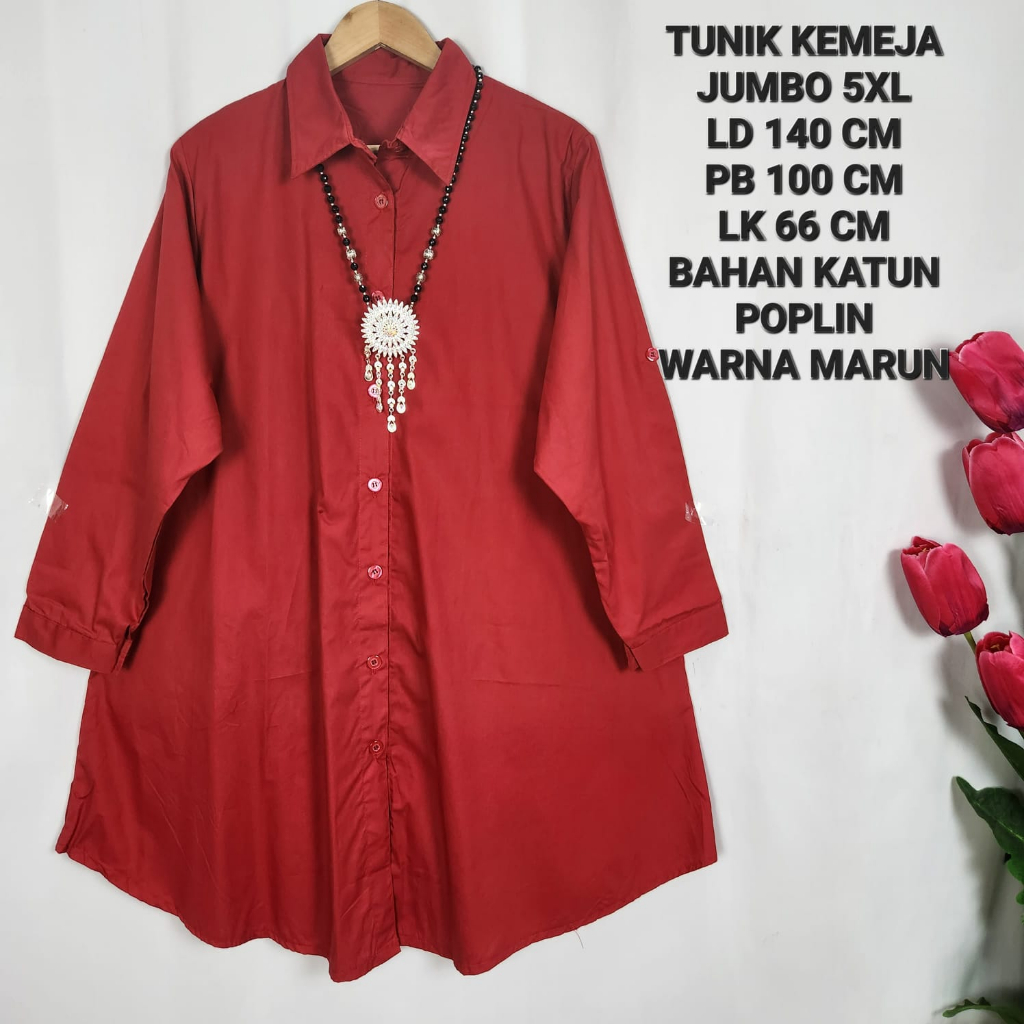 Jual Tunik Kemeja Jumbo Wanita Ld Cm Warna Polos Bahan Katun Poplin