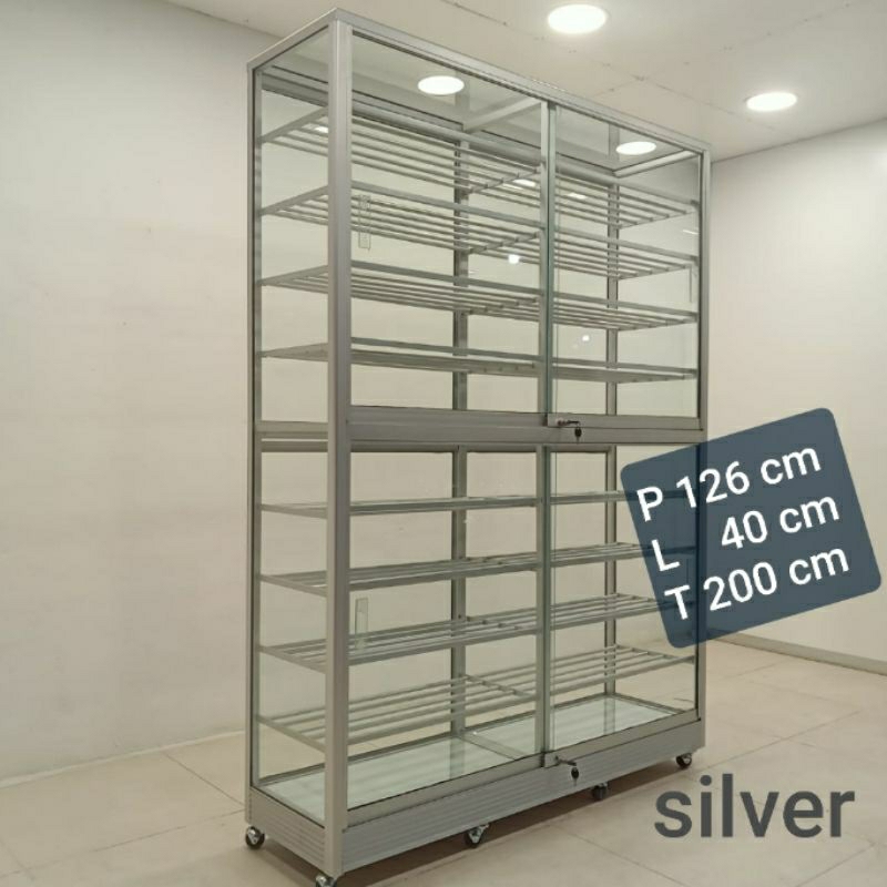 Jual 50 126X40X200 S LEMARI RAK SEPATU ALUMINIUM TEBAL ETALASE SILVER