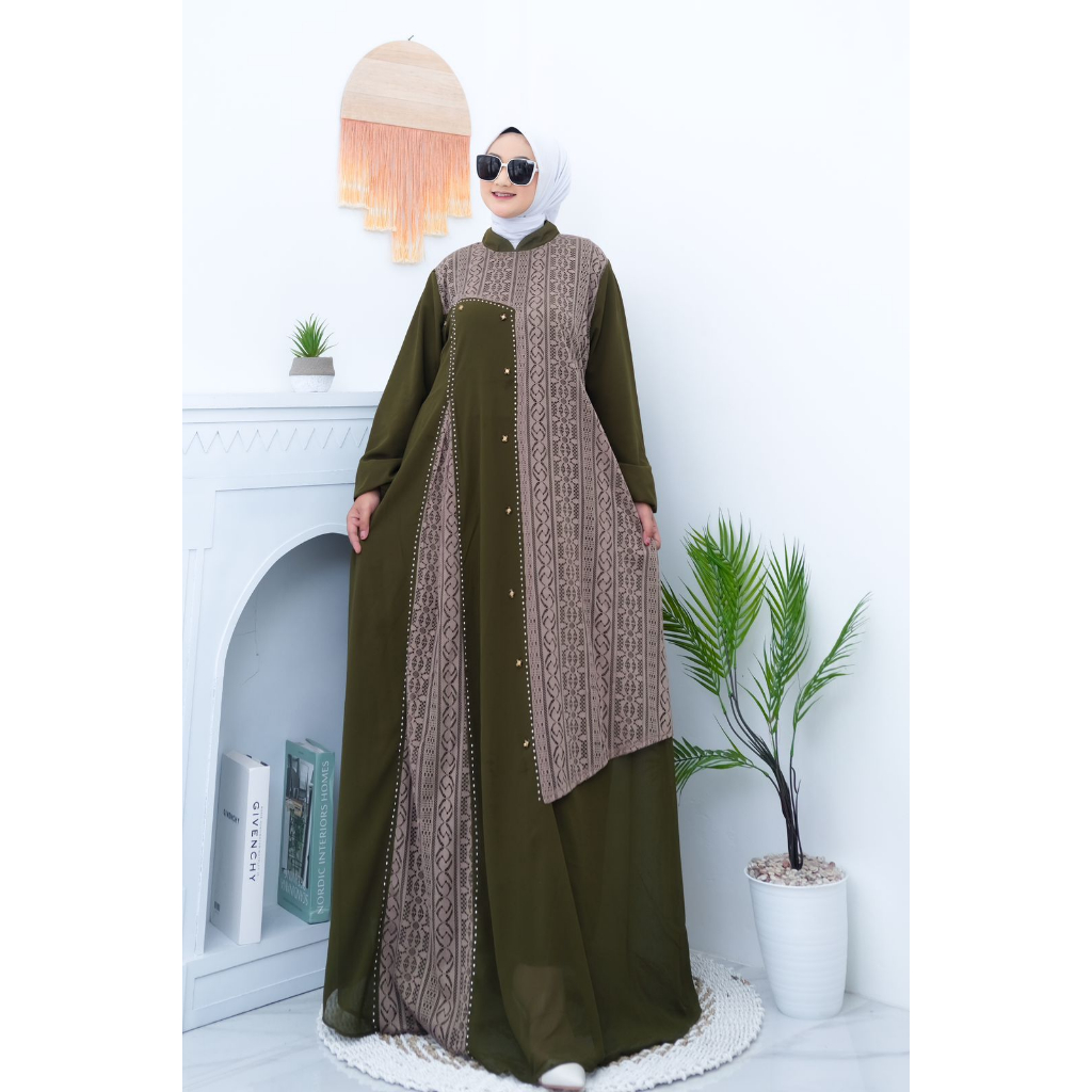 Jual Gamis Ceruty Polos Mix Brukat Malika Dress Wanita Dewasa Kondangan