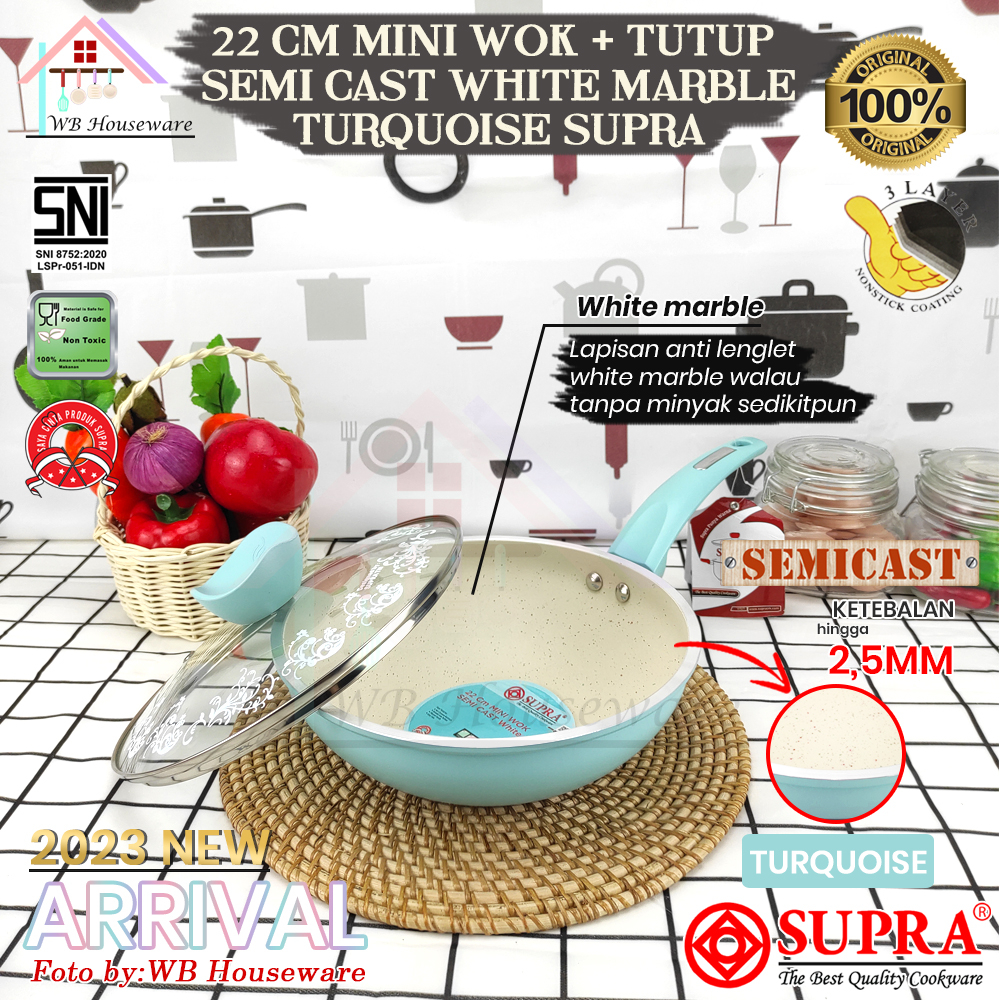 Jual SUPRA Mini Wok White Marble 22cm Tutup Kaca Semi Cast Pastel